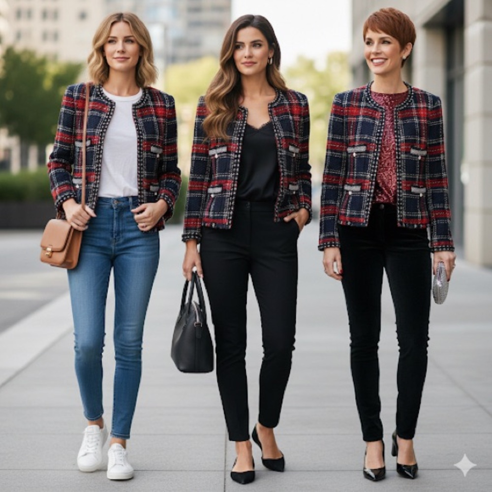 Zara Navy Black Red Plaid Bouckle Tweed Pearl Beaded Trim Blazer Jacket Size L❤️ - Picture 3 of 15